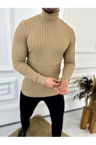 Kazak Slim Fit Tüylenmez Naturel Pamuk Triko Boğazlı Balıkçı Yaka Kazak Kahverengi