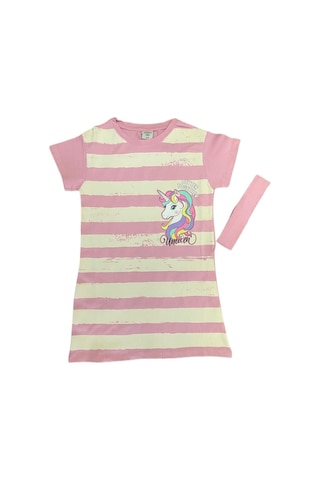 Ded Collectıon Kız Çocuk Kısa Kollu Unicorn Baskılı Penye Elbise Pembe