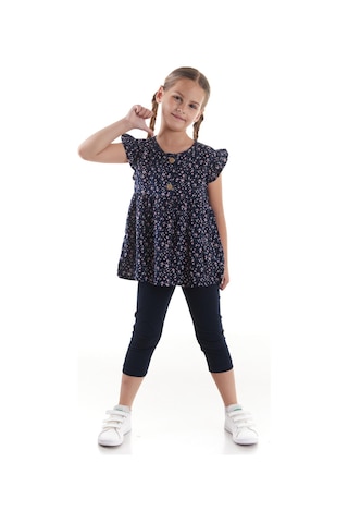 Ahengim Kız Çocuk Takım Vizkon Baskılı Taytlı Alt Üst Takım Pamuklu Ak2522 Lacivert