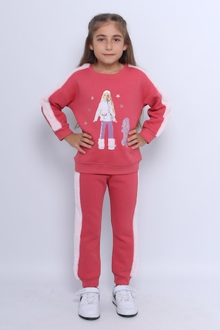 Kız Çocuk 3 İplik Eşofman Takımı Barbie Baskılı C22 Pembe