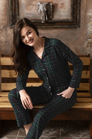 Sude P-200-109 Süet Gömlek Ekose Kadın Pijama Takımı Çok Renkli