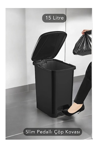 Slim Pedallı Banyo Mutfak Çöp Kovası - 15 Litre Siyah
