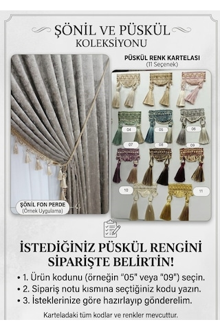 Şönil Fon Perde Çift Kanat 1/3 Sıklık Püsküllü Antrasit