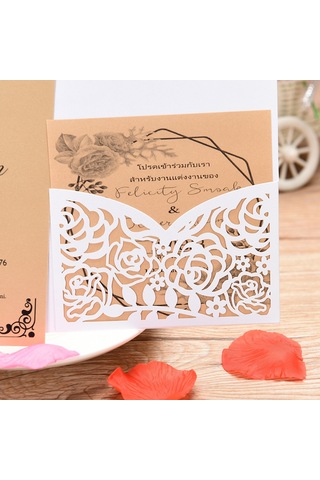 Mufunye "10 Adet İnci Kağıdı Çiçek Desenli Davetiye Kartı - Düğün, Doğum Günü, Yıldönümü İçin Şık Set" XL