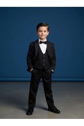 Zekids Erkek Çocuk Slim Fit 3 Lü Takım Elbise Ceket + Yelek + Pantolon -10333 Siyah