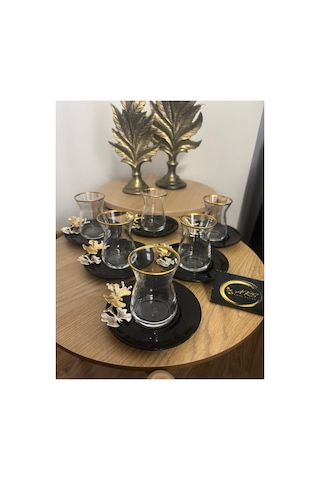 Siyah Cam Tabaklı Kelebek Detaylı 12 Parça 6 Kişilik Çay Seti, Çay Takımı, İrem Çay Bardak Siyah-black-gold