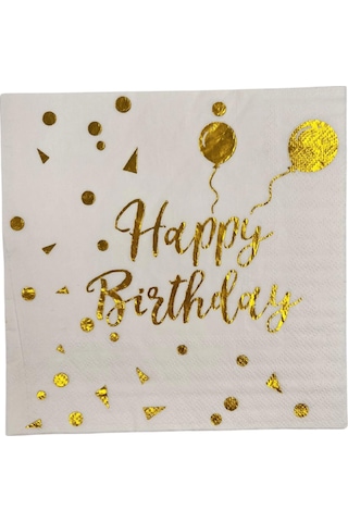 Peçete Varaklı Happy Birthday Yazı Beyaz Üstü Gold
