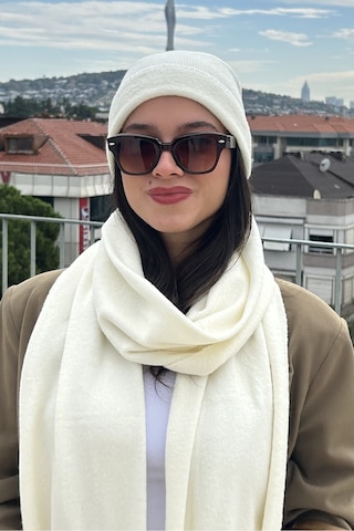 Mollycrush Kadın Kışlık Ekru Atkı Bere Seti Şık Örgü Set Ekru