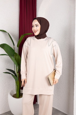 Hira Life Fashion Moda Efsa Kadın Bej Tesettür Giyim Zarif Taş Detaylı Tunik & Pantolon İkili Takım Bej Bej Hira Life Fashion Moda Efsa Kadın Bej Tesettür Giyim Zarif Taş Detaylı Tunik & Pantolon İkili Takım Bej Bej