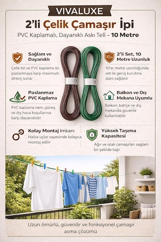 Ayrex 2'li Çelik Çamaşır İpi, Pvc Kaplamalı Paslanmaz Dayanıklı Askı Teli, 10 Metre, Balkon, Bahçe, Banyo Ve D Genel