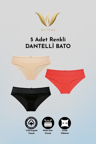 Wcreas Dantelli Pamuklu Kadın Bato Külot, 5'li Paket Pamuklu Yumuşak Kumaş Kadın Külot Çok Renkli