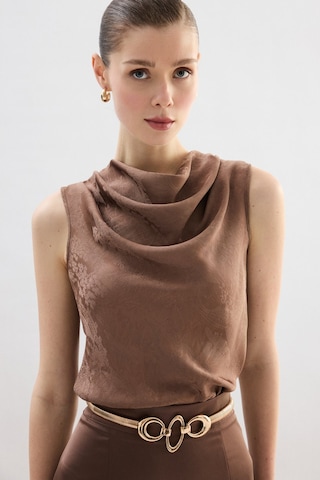 Sateen Degaje Yaka Bluz - Vizon-136756 VİZON