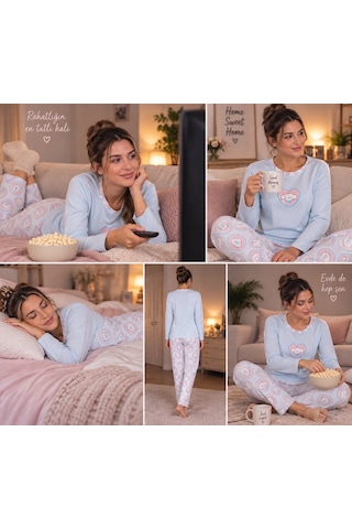 Seamlife Kadın Uzun Kollu Desenli Pijama Takımı Sevimli Desenli Ev Giyim Seti Açık Mavi