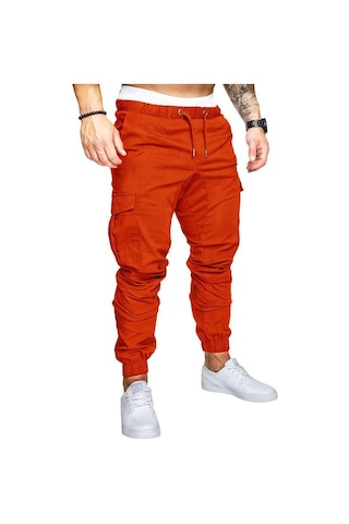Erkek İlkbahar Ve Sonbahar Uzun Pantolon Moda Günlük İpli Elastik Pantolon Düz Renk Cepli Pantolon Turuncu
