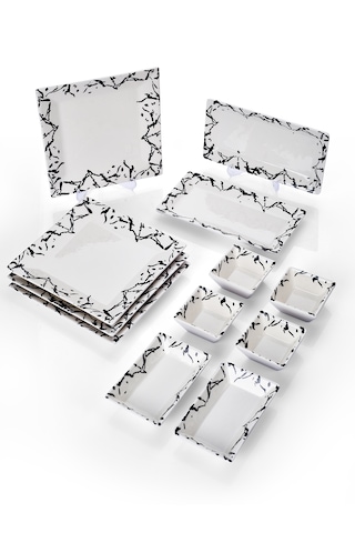 Piatti Naturali 12 Parça 4 Kişilik Mermer Kahvaltı Takımı Handmade Sunum Set Siyah