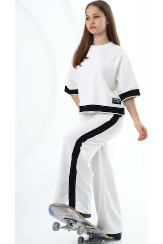 Kız Çocuk %100 Pamuk Oversize Yarım Kol Alt-üst Eşofman Takım-eşt-0013 Beyaz