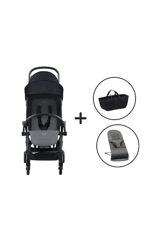 Bumprider Connect³ Bebek Arabası Black-grey Melange- Yan Düzenleyici Çanta & Babybjörn Bliss Ana Kucağı Petal Woven Anthracite