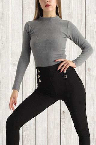 Aslındalook Kadın Fitilli Triko Esnek Uzun Kol Body Bluz Bady Füme