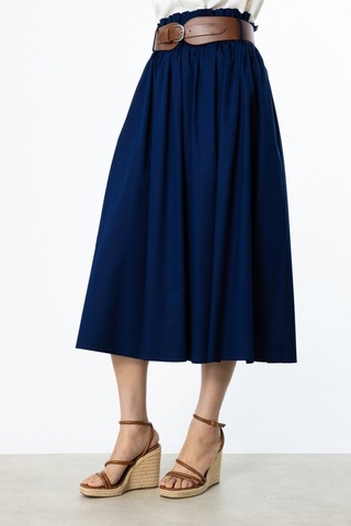 Ekol Yüksek Bel Kemerli Karışım Kumaş Etek-5654 Lacivert