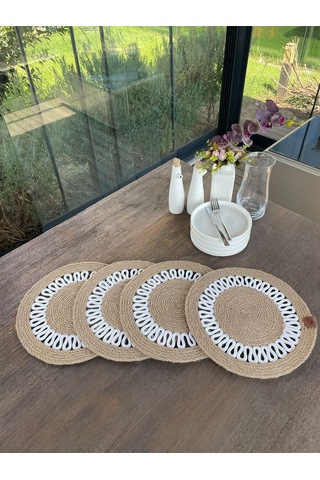 4 Kişilik Yuvarlak Amerikan Servis Özel Tasarım Jüt / Beyaz 33 X 33 Cm Natural