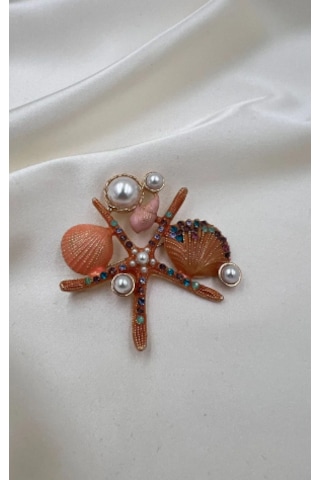 Bb Deniz Yıldızı İncili Broş Altın - Kahverengi