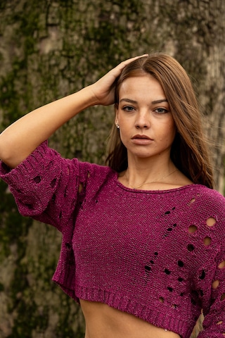 Verdeblanco Yırtık Detaylı Örme Crop Top Mürdüm