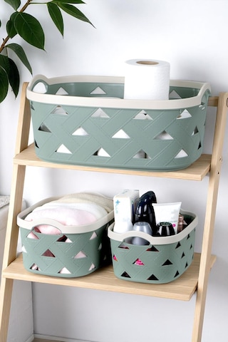 3lü Dekoratif Deri Görünüm Dolap İçi Düzenleyici Saklama Kutusu Mutfak Banyo Organizer Sepet Yeşil Sd5000set-3 Yeşil