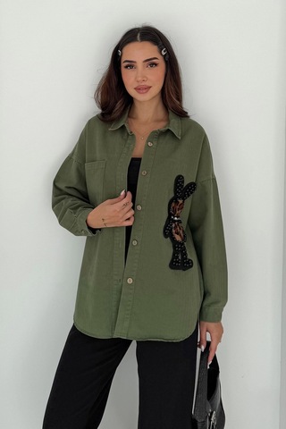 Leopar Ayıcık Armalı Gabardin Kumaş Gömlek Haki Haki