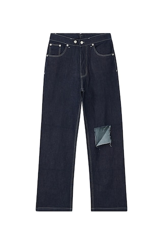 Reborn Society Düz Kesim Yırtık Denim Pantolon Koyu Mavi