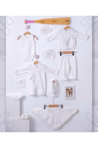 Buse&Eylül Bebe İthal Dantel Çiçekli 10 Parça Kız Bebek Hastane Çıkışı - Ekru