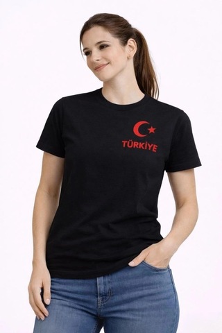 Freedom Store Kadın Türkiye Ay Yıldız Baskılı Taraftar Forma T-shirt - Siyah