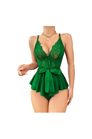 Lisinya Yeşil Dantel İşlemeli Kurdelalı Tül Babydoll Yeşil