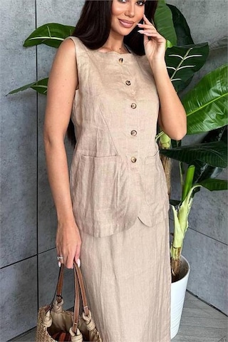 Neşeli Butik Kadın Keten Etek Yelek Alt Üst İkili Takım Nbemp1072 Vizon