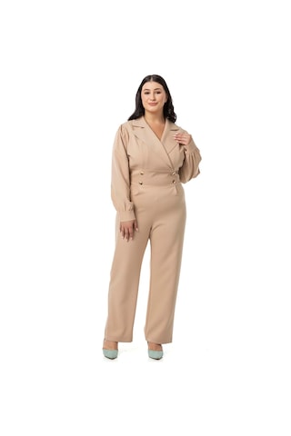 Büyük Beden Kruvaze Yaka Metal Düğmeli Fermuarlı Bej Rengi Tulum-bej Bej