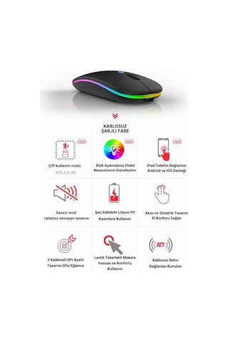 Coofbe Rgb Işıklı Ayarlanabilir 3dpı Şarjlı Sessiz 2.4g+kablosuz Bluetooth Mouse Laptop Tablet Uyumlu