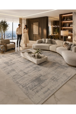 Beliz Viskon Krem Gri Soyut Desenli Tüylenme Yapmayan Toz Tutmaz Premium Salon Halısı 634 Çok Renkli