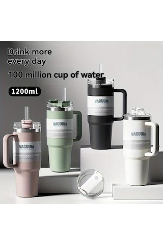 Trendooze 40 Oz Paslanmaz Çelik Gri Sızdırmaz Termos Matara Kapaklı Pipetli Gaojunshop01 Gri