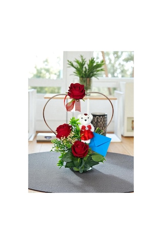 Rose Gold Metal Kalp Çerçeveli Ayıcık Ve Gül Hediyelik Aranjman