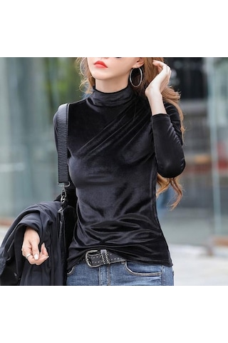 Siyah Temel Üst Esnek Soğuk Geçirmez Anti-boncuklanma Kadın Kadife Saf Renk Dip Gömlek Streetwear Siyah