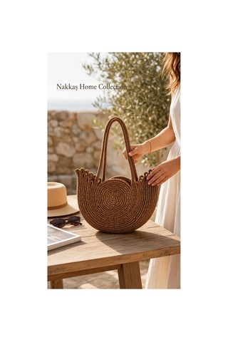 Nakkaş Home Collection Jüt Çanta Kadın Hasır Çanta, Plaj Çantası, Omuz Ve Günlük Kullanım Çantası-kahvrengi-35x30 Cm