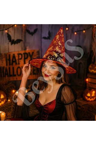 Beysüs Halloween Cadılar Bayramı Cadı Şapkası Kırmızı Gold Şeffaf Tüllü Tüm Yaşlar