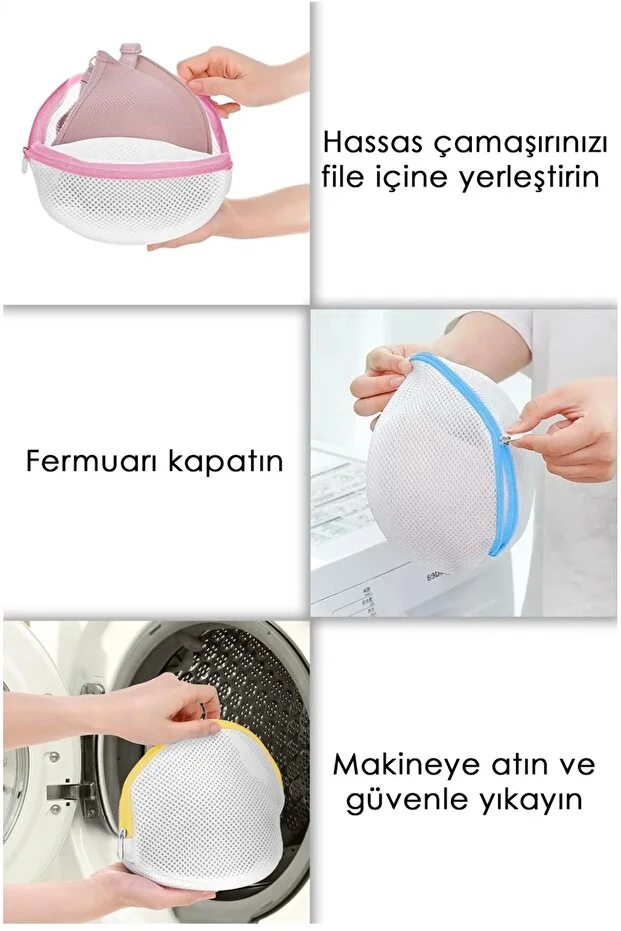 3'lü Fermuarlı Sütyen Yıkama Filesi - Renkli Fermuarlı İç Çamaşırı Yıkama Aparatı Açık Beyaz