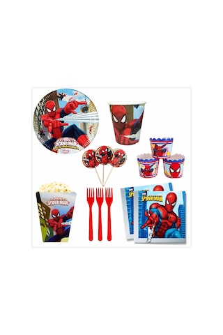 Örümcek Adam 8 Tabak, 8 Bardak, 8 Mısır Kutusu, 8 Cupcake, 10 Peçete, 10 Çatal, 10 Kürdan
