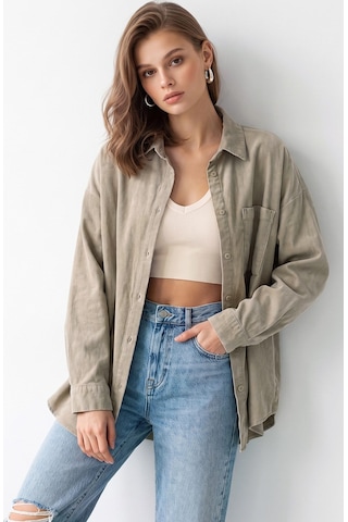 Mixray 4963 Kadın Tencel Kumaş Oversize Cepli Uzun Kollu Gömlek Vizon