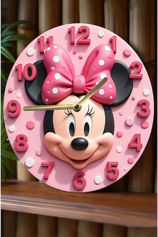 Minnie Mouse Temalı Pembe Mdf Duvar Saati 3d Görünümlü, Sessiz Mekanizmalı, 2d Hd Baskı Sdw235 Renkli