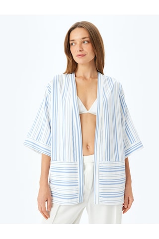 Koton Viskon Karışımlı Cepli 3/4 Geniş Kol Çizgili Kimono Mavi Çizgili 5sak50067uw Mavi Çizgili Mavi