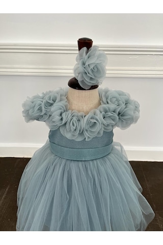 Butikhappykids Kız Çocuk Mavi Yakası Gül Çiçekli Bandanalı Kısa Tüllü Abiye 9-36 Ay Mavi