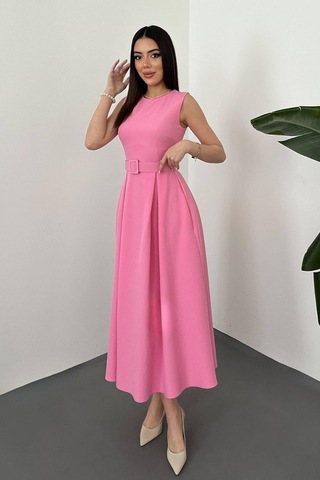 Duygudan Pembe Halter Yaka Kloş Elbise - Pembe Çok Renkli