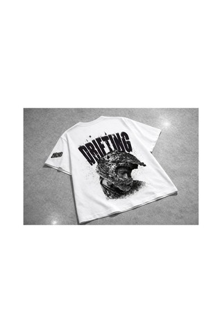 Yolo Street Oversize Unisex Drift Racing Baskılı Siyah Tişört %100 Pamuk Streetwear Beyaz