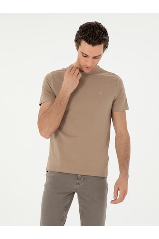 Vizon Slim Fit Bisiklet Yaka Merserize Basic T-shirt Kahverengi